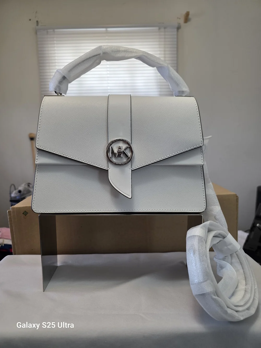 MICHAEL Michael Kors Greenwich Medium Saffiano Leather Satchel In Optic White